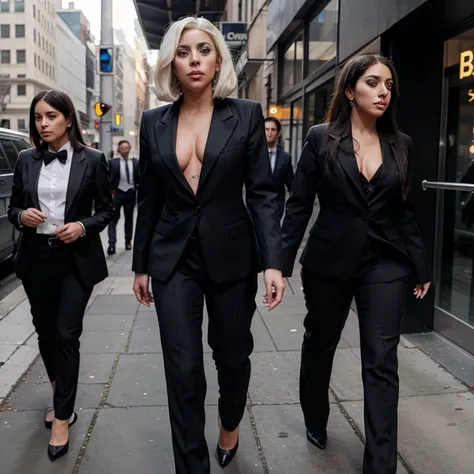 Lady Gaga dressed in a blazer and dress pants