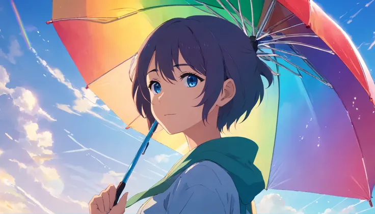 Blue sky after rain　Adult woman holding a rainbow umbrella　hopeful look