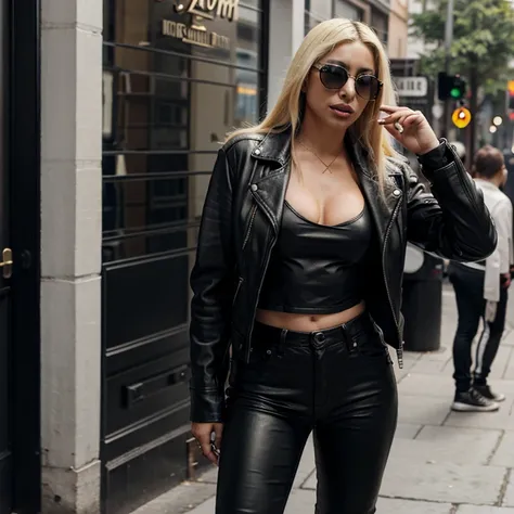 Lady Gagá dressed in a leather jacket and leather jeans with sunglasses