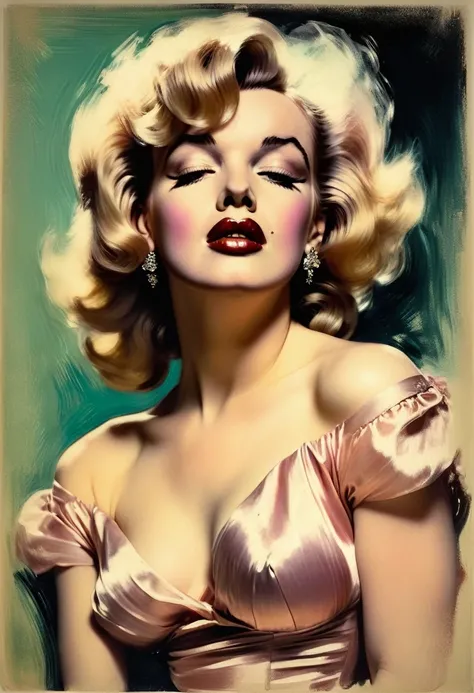 (thick and bold) ink sketch technique on sensual illustration of Marilyn Monroe (((medium hair with bangs:1.4、Beautiful bangs) , vintage ,silky dress, matte painting, by John Singer Sargent, by Harumi Hironaka, extremely soft colors, dark fashion , Tiffany...