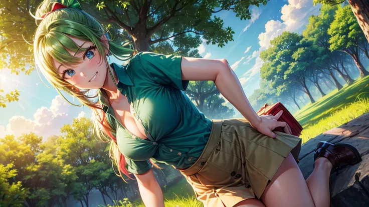 1girl, summer, village, trees, sun, clouds, ((colorful hair)), ponytail, large breasts, cleavage, button down, blue eyes, ((dark green shirt)), ((unbuttoned shirt)), unbuttoning buttons, ((short sleeved shirt)), mini skirt, brown shoes, grin, looking at th...