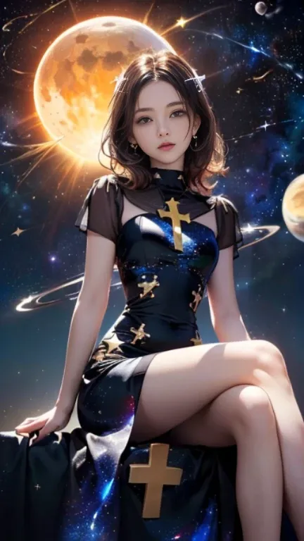 (((masterpiece))),((highest quality)),one beautiful girl,pale, (A character who personifies the universe: 1.5), (((hair is a star:1.5)))、(planet dress:1.5)))、(belly button)、(sun:1.5),(private server), (exposure of skin),(The background is the night sky 1.5...