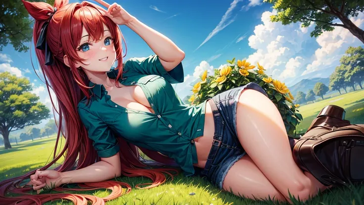 1girl, full body, summer, village, trees, sun, clouds, ((colorful hair)), ponytail, large breasts, cleavage, button down, blue eyes, ((dark green shirt)), ((unbuttoned shirt)), unbuttoning buttons, ((short sleeved shirt)), mini skirt, brown shoes, grin, lo...