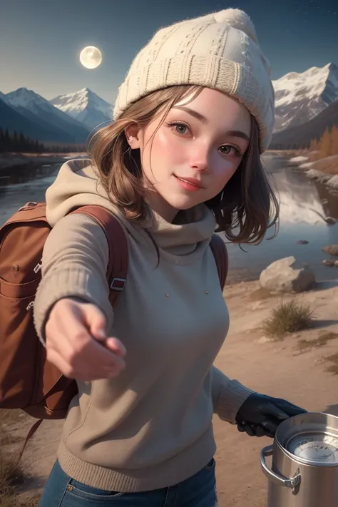 1 woman ((upper body selfie, happy)), masterpiece, best quality, ultra-detailed, solo, outdoors, (night), mountains, nature, (stars, moon) cheerful, happy, backpack, sleeping bag, camping stove, water bottle, mountain boots, gloves, sweater, hat, flashligh...