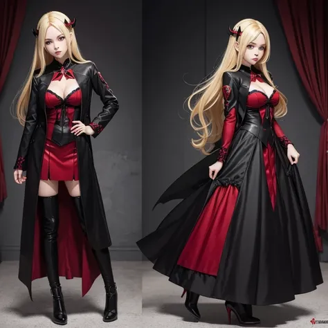 Anime girl, vampire, blonde, black and red clothes, full body