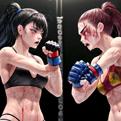 A fierce exchange of blows between two young and very beautiful female MMA fighters, both of whom are bleeding.。Powerful kicks and punches dig into the body.。Exchanging blows inside the Octagon。Rivals。black hair short cut。desperate look。sweaty。Full of scar...