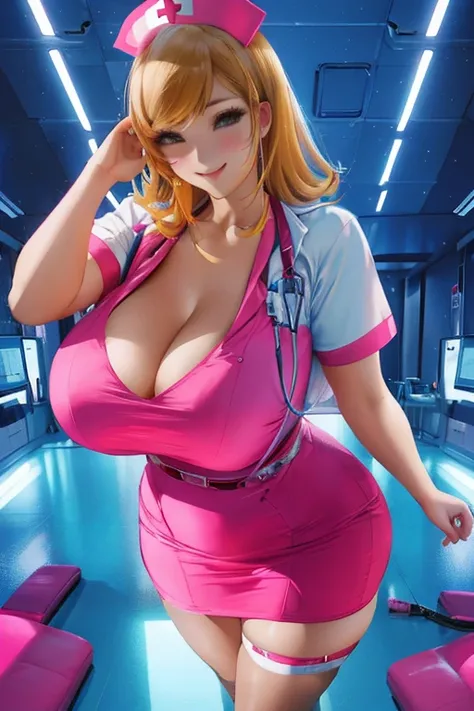 a nurse,sexy pose,sexy dress,big breasts,medical equipment,beautiful face,confident smile,bright background,vivid colors,professional lighting,portrait,high resolution,image quality.