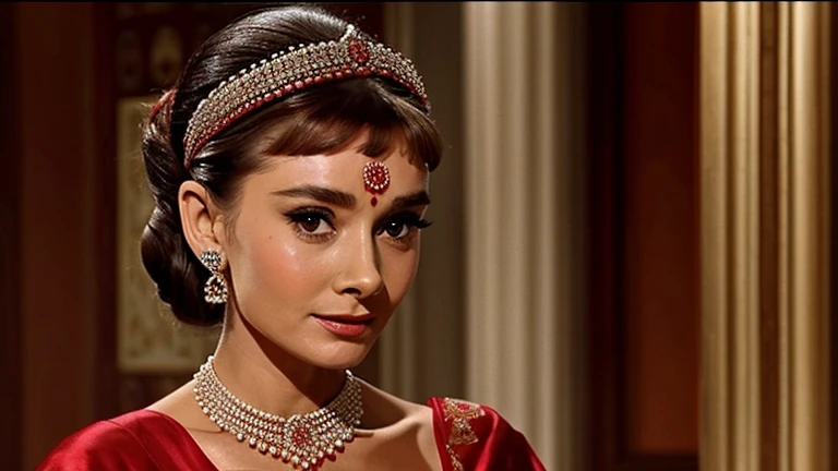 audrey hepburn from the movie breakfast at tiffanys wearing red silk saree with red bindi on forehead