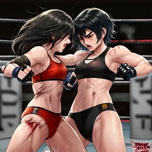 A fierce exchange of blows between two young and very beautiful female MMA fighters, both of whom are bleeding.。Powerful kicks and punches dig into the body.。Exchanging blows inside the Octagon。Rivals。black hair short cut。desperate look。sweaty。Full of scar...