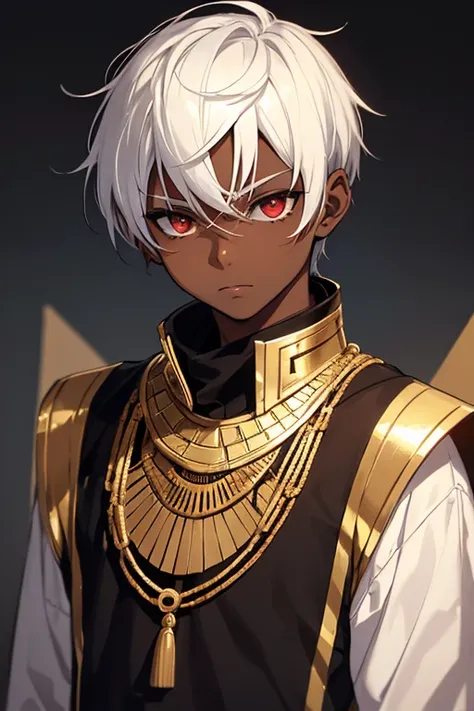 ((Alone)) young boy with dark skin, short white hair combed back, red eyes, Egyptian style, perfect eyes, perfect face, black and gold Egyptian clothes,