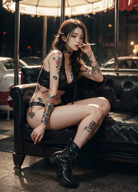 arafed woman with tattoos smoking a cigarette in a carousel, (( smoking a cigarette)), Smoke from cigarettes、Cai Xukun, ((wearing boots)), Cai Xukun, of taiwanese girl with tattoos, Inspired by Elsa Breda, Written by Emma Andijewska, with tattoos, tattooed...