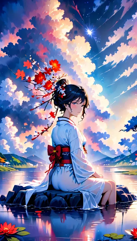 beautiful woman，Full body soaked in water，８head and body，Japanese clothing，night，月night，colorful clouds，star，wet skin，sexy，Sadness，glossy，Sit on the water