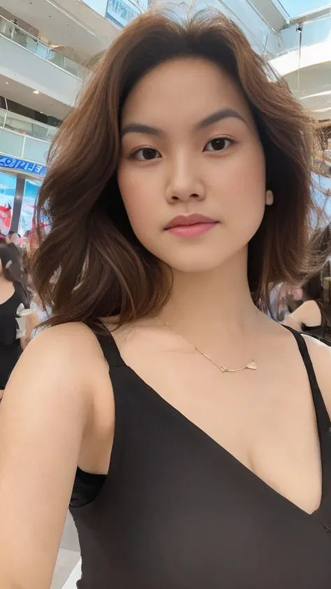 From below, full body shot of a gorgeous Indonesian woman black messy hair, age 25, nice hair style, shes a men magazine model, She has a subtle smile and stare with the camera, (she’s in the mall and crowd of people ), (she’s wears a blouse, cleavage), pe...