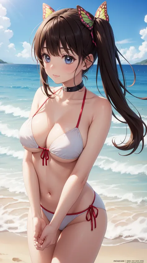 kano, side ponytail、long hair, bangs, black hair, (brown eyes:1.5),、beach、a girl,Butterfly hair ornament、White Bikini,
,super big breasts、beach、Angle looking up from below,

Destroying masterpiece:1.2), highest quality, High resolution, unity 8k wallpaper,...