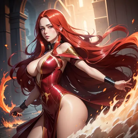 anime,a digital painting by greg rutkowski of lana rhoades with voluminous, flowing, vibrant, beautiful, silky, shiny, long, luxurious, bright, fire engine red hair