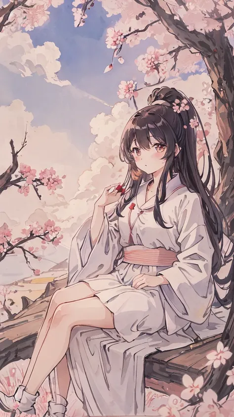 masterpiece, highest quality, morning, hill, cloud, long hair, woman, silhouette, firefly,cherry blossoms,blue sky background,sitting