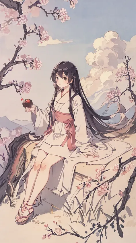 masterpiece, highest quality, morning, hill, cloud, long hair, woman, silhouette, firefly,cherry blossoms,blue sky background,sitting,script 2