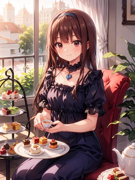 an anime-style young girl with brown hair and eyes. she is smiling gently, wearing a dark blue dress with ruffles and lace, ador...