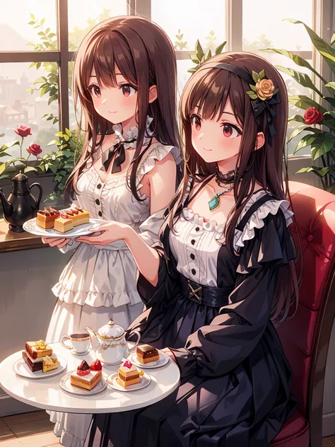 an anime-style young girl with brown hair and eyes. She is smiling gently, wearing a dark blue dress with ruffles and lace, adorned with pearls and a ribbon around her neck. Her attire is accented with a headband that features a rose and a bow, mirroring t...