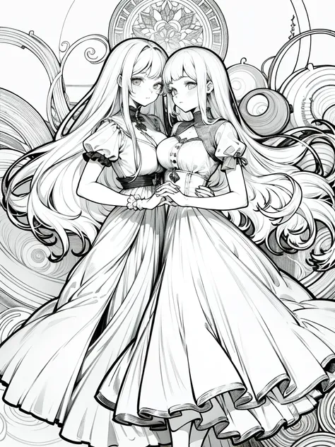 2 Beautiful cute girls with long white hair wearing cute dresses holding hands, big breasts, lineart, monochrome, beautiful, masterpiece