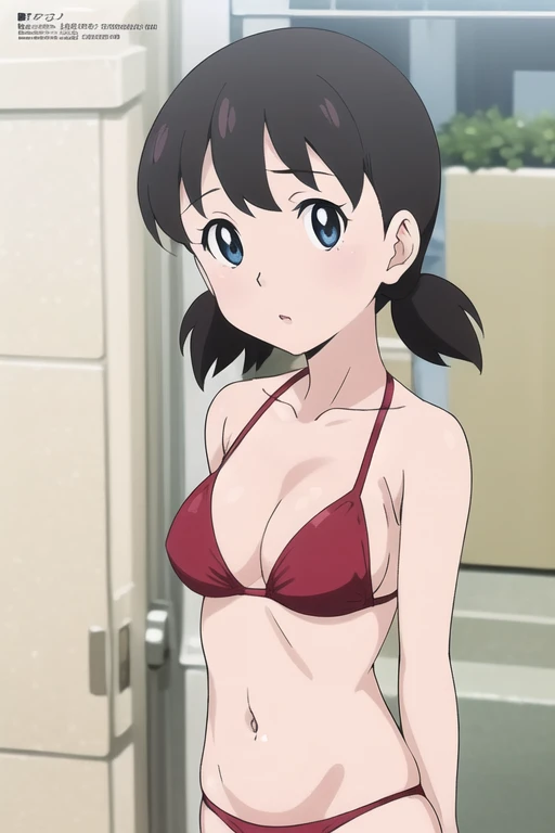 (anime cels style, masterpiece, best quality, high resolution, megami magazine, anime poster style, sharp, 8k), (beautiful eyes:1.2), shizuka minamoto, 1girl, black hair, black eyes, low twin braids, (large breast), (red bikini), looking awey, upper body, ...