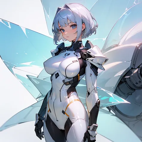 (silver hair、15 years old、girl、short hair、big breasts、big breasts)(white、shiny material、sf suits、Armored Suit(A variety of transparent materials that allow the skin to show through、The abdomen is made of transparent fabric))bikini armor