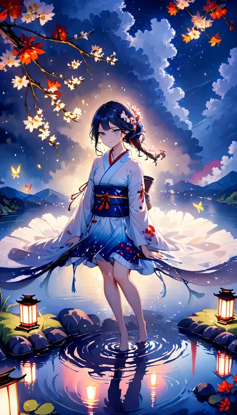 beautiful woman，Full body soaked in water，８head and body，Japanese clothing，night，月night，The clouds are rainbow-colored，Fine stars，wet skin，sexy，Sadness，glossy，Sit on the water，water splash on background，water dripping，The kimono is transparent，Eye color is...