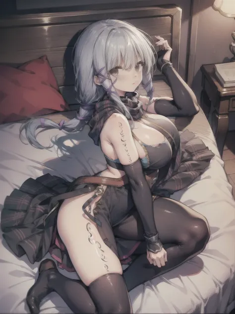 masterpiece, highest quality, BREAK(torn clothes:1.2))、BREAK Full Body,sleeping in bed、legs open、Alluring Expression BREAK Midnight,DARK BREAK(clair lasbard, long ponytail, hair ribbon, Striped scarves, black dress, fingerless gloves, thigh high boots, lif...