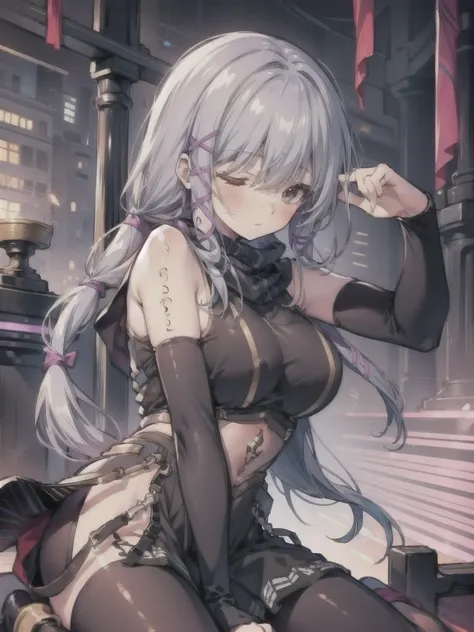 masterpiece, highest quality, BREAK(torn clothes:1.2))、BREAK Full Body,sleeping in bed、legs open、Alluring Expression BREAK Midnight,DARK BREAK(clair lasbard, long ponytail, hair ribbon, Striped scarves, black dress, fingerless gloves, thigh high boots, lif...