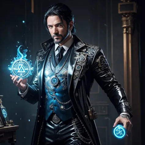 40 year old man in silver Steampunk suit with neon blue decorations printed with runes black tie black latex pants medallion with runes slim build muscular rings with gem black hair with silver lock holding a floating fire rune potion shop background 