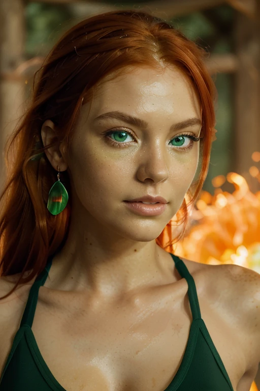 ((close up portrait)) With her ((bright fiery red hair cascading like molten silk)), slender fit, athletic build . lightly tanned skin. (((bright green eyes))), ultra real, cinematic, high detail 