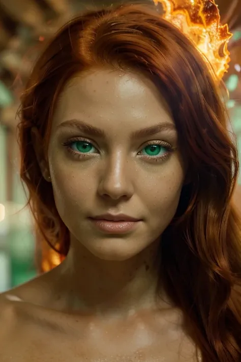 ((close up portrait)) With her ((bright fiery red hair cascading like molten silk)), slender fit, athletic build . lightly tanned skin. (((bright green eyes))), ultra real, cinematic, high detail 