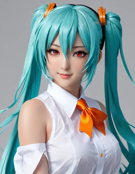 (highest quality、masterpiece、High resolution、detailed)、(Shining eyes、detailed beautiful face)、, BREAK,masterpiece, Hatsune Miku, white shirt, blue tie, bare shoulders, Separated sleeves, evil smile, black skin, red eyes, black eye, Orange eyes,, BREAK,beau...