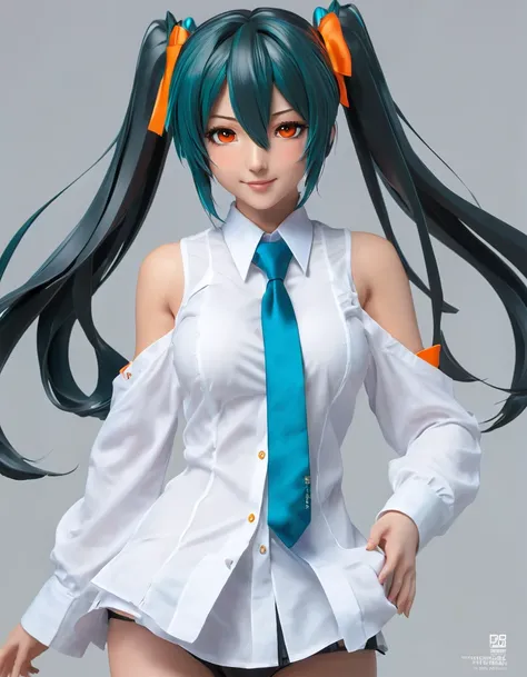 (highest quality、masterpiece、High resolution、detailed)、(Shining eyes、detailed beautiful face)、, BREAK,masterpiece, Hatsune Miku, white shirt, blue tie, bare shoulders, Separated sleeves, evil smile, black skin, red eyes, black eye, Orange eyes,, BREAK,beau...