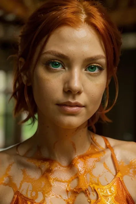 ((close up portrait)) With her ((bright fiery red hair cascading like molten silk)), slender fit, athletic build . lightly tanned skin. (((bright green eyes))), ultra real, cinematic, high detail 