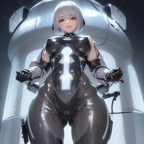 (silver hair、girl、short hair、big breasts、big breasts、smile)(shiny material、A sci-fi suit that looks like a transparent wetsuit、A variety of transparent materials that allow skin to be seen、light clothing)NSFW