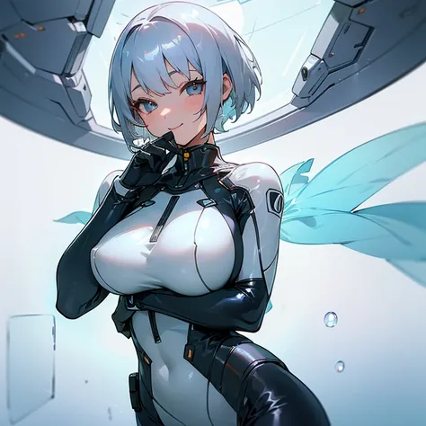 (silver hair、girl、short hair、big breasts、big breasts、smile)(shiny material、A sci-fi suit that looks like a transparent wetsuit、A variety of transparent materials that allow skin to be seen、light clothing)NSFW