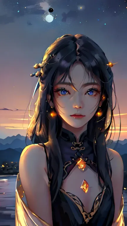 best quality, masterpiece, highres, 1girl, Detailed face, (Upper body:1.6), Chinese cities, mountains and rivers, end of sunset, moonlight, starry night, firefly lights, Realistic, rich in detail, (White hanfu:1.2), (beautiful body:1.4), epic, intricate