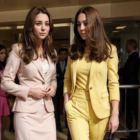 Kate Middleton dressed in a blazer and yellow and pink dress pants