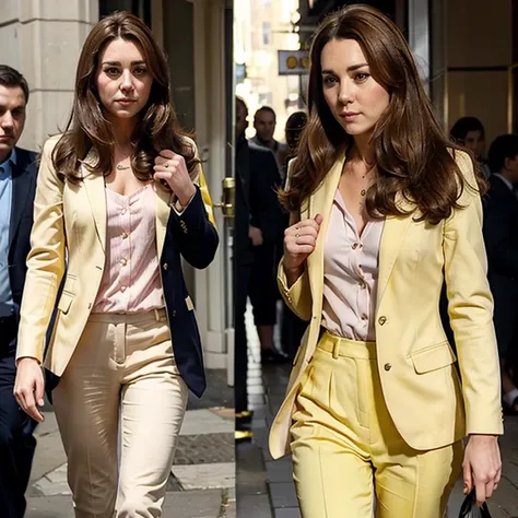 Kate Middleton dressed in a blazer and yellow and pink dress pants