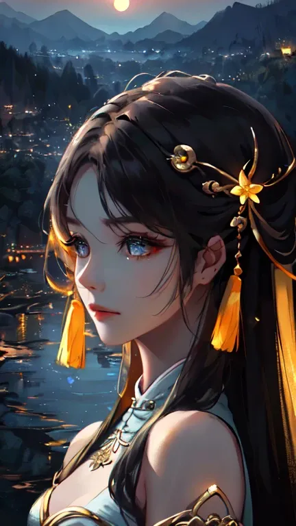 best quality, masterpiece, highres, 1girl, Detailed face, (Upper body:1.6), Chinese cities, mountains and rivers, end of sunset, moonlight, starry night, firefly lights, Realistic, rich in detail, (White hanfu:1.2), (beautiful body:1.4), epic, intricate