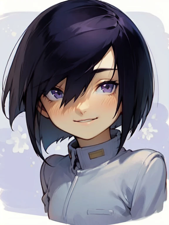 1boy, black chin length hair, purple eyes, white uniform
