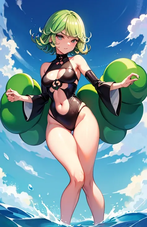 (masterpiece, highest quality: 1.2), alone, 1 girl, Tatsumaki, greedy, closed mouth, looking at the viewer, butt, wide hips, short bikini, Are standing, legs open, blue sky, Bad mood, full body photo, medium breasts