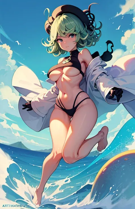 (masterpiece, highest quality: 1.2), alone, 1 girl, Tatsumaki, greedy, closed mouth, looking at the viewer, butt, wide hips, short bikini, Are standing, legs open, blue sky, Bad mood, full body photo, medium breasts