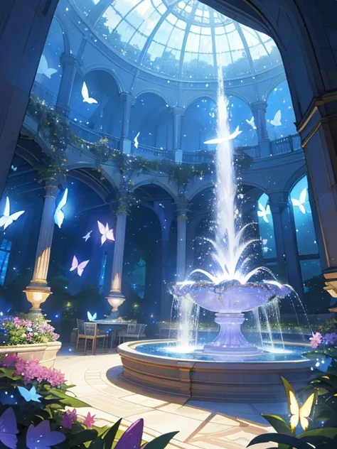 (top quality, masterpiece, ultra-realistic), night, starry skies, magical indoor botanical garden, dome, sparkling water fountain, lots of flowers, glowing butterflies, background landscape is a garden with petals and papas flying around. --v6