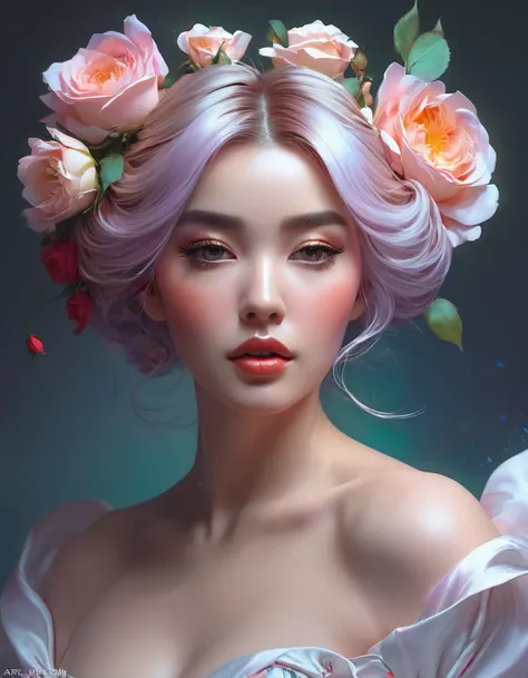 arafed woman in a dress with roses in her hair, romanticism art style, beautiful digital artwork, 🌺 cgsociety, romanticism portrait, exquisite digital illustration, fantasy art behance, stunning digital illustration, beautiful digital illustration, etherea...