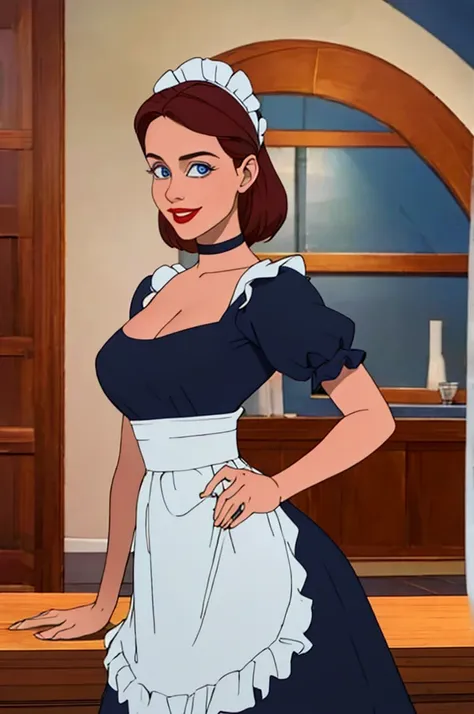 A pretty maid. best quality, masterpiece, Auburn hair, sky blue eyes, wearing a steriotypical French maid outfit, (headdress、white blouse、black ribbon、White Apron、ruffle skirt、puff sleeves、collar、choker、apron with fine ruffles：1.3)、black maid costume). loo...