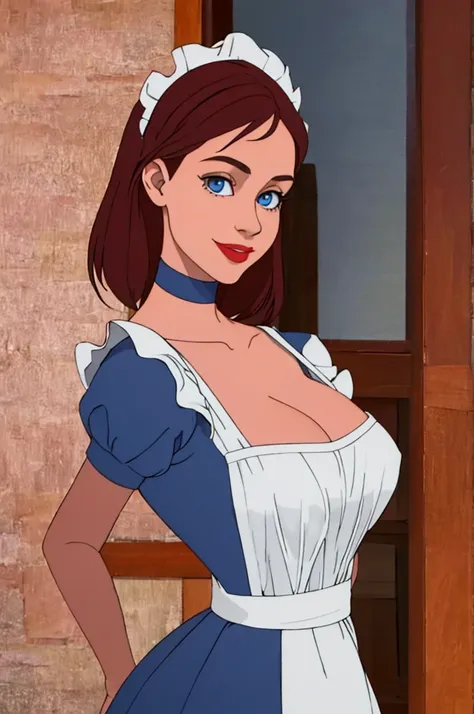 a pretty maid. best quality, masterpiece, auburn hair, sky blue eyes, wearing a steriotypical french maid outfit, (headdress、whi...