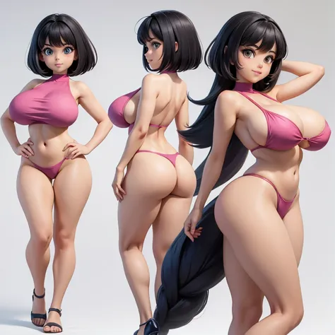  reference sheet, body back side to side and front,  dora, from dora the explorer  wearing no clothes,naked, mega huge breasts, voluminous breasts, curvy long breasts, standing with hands on hip, full height, bottom view, best quality, very detailed, ultra...