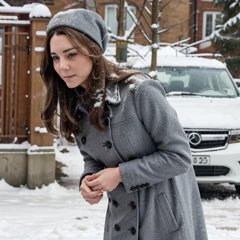 Kate Middleton in the snow wearing a fitted coat